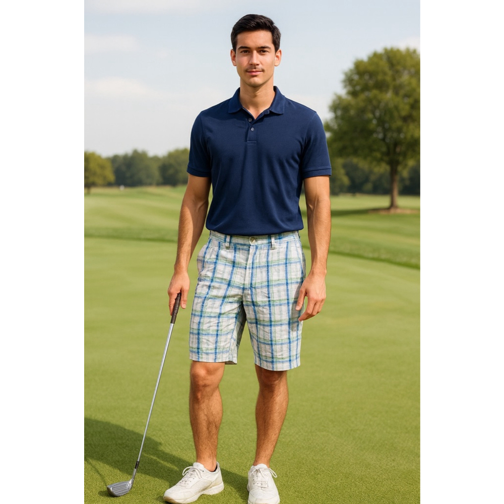 Men's Pro Tour Flat Front Golf Shorts Waist 34 White Blue Plaid